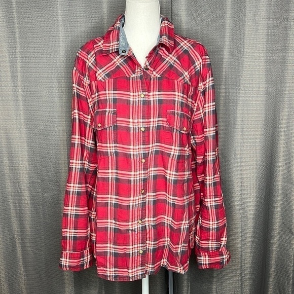 JACHS GIRLFRIEND XXL RED AND BLUE PLAID LONG SLEEVE SNAP FRONT SHIRT BEA - Picture 1 of 7